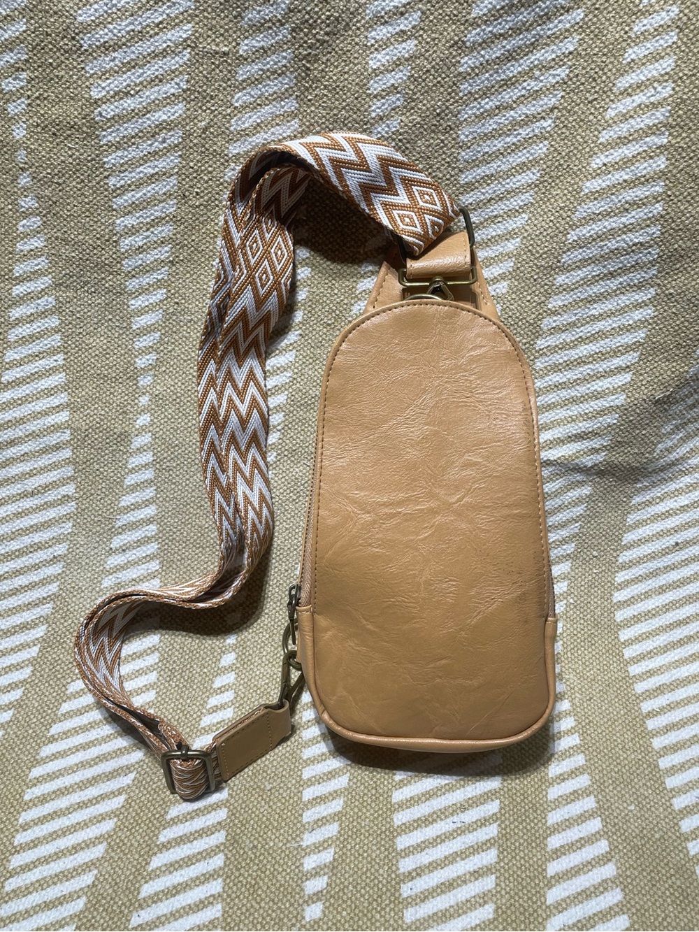 Tan Crossbody Sling Bag with Patterned Strap